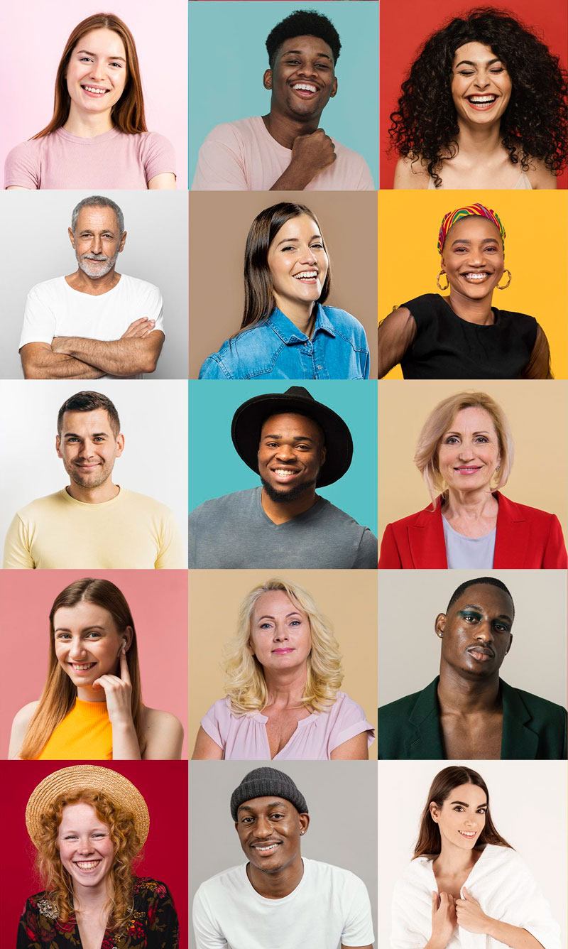 Mosaic of headshots of diverse group of people on colorful background squares